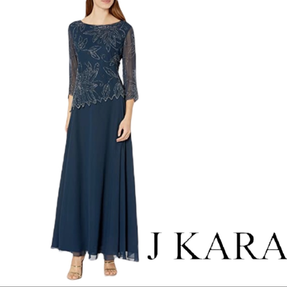 J Kara Womens 3/4 Floral Beaded Pop Over Gown, size 6, small defect